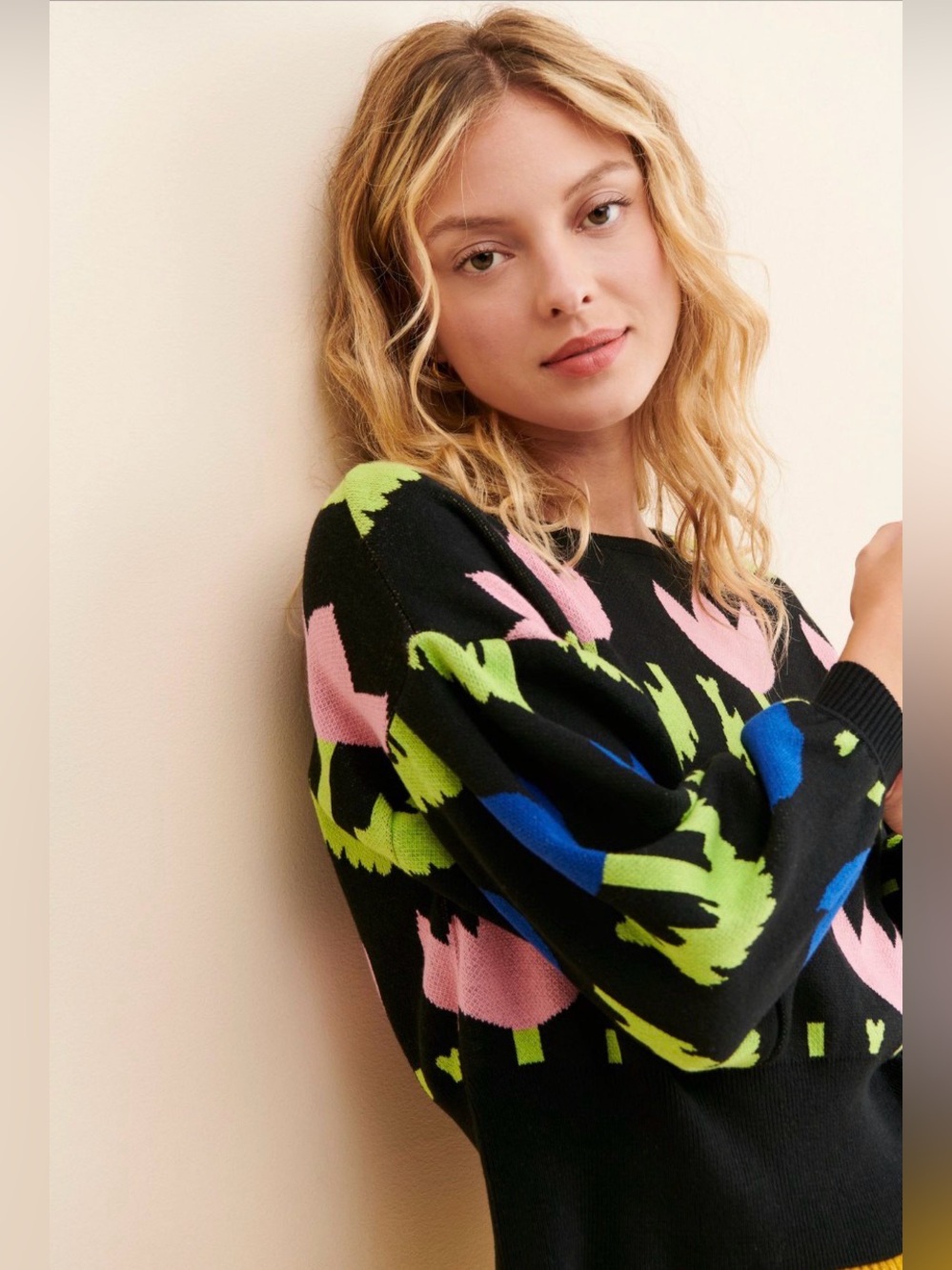 Pastiche Free People Floral Knit Sweater Size S Black Pink Blue Crop Top - Picture 3 of 7